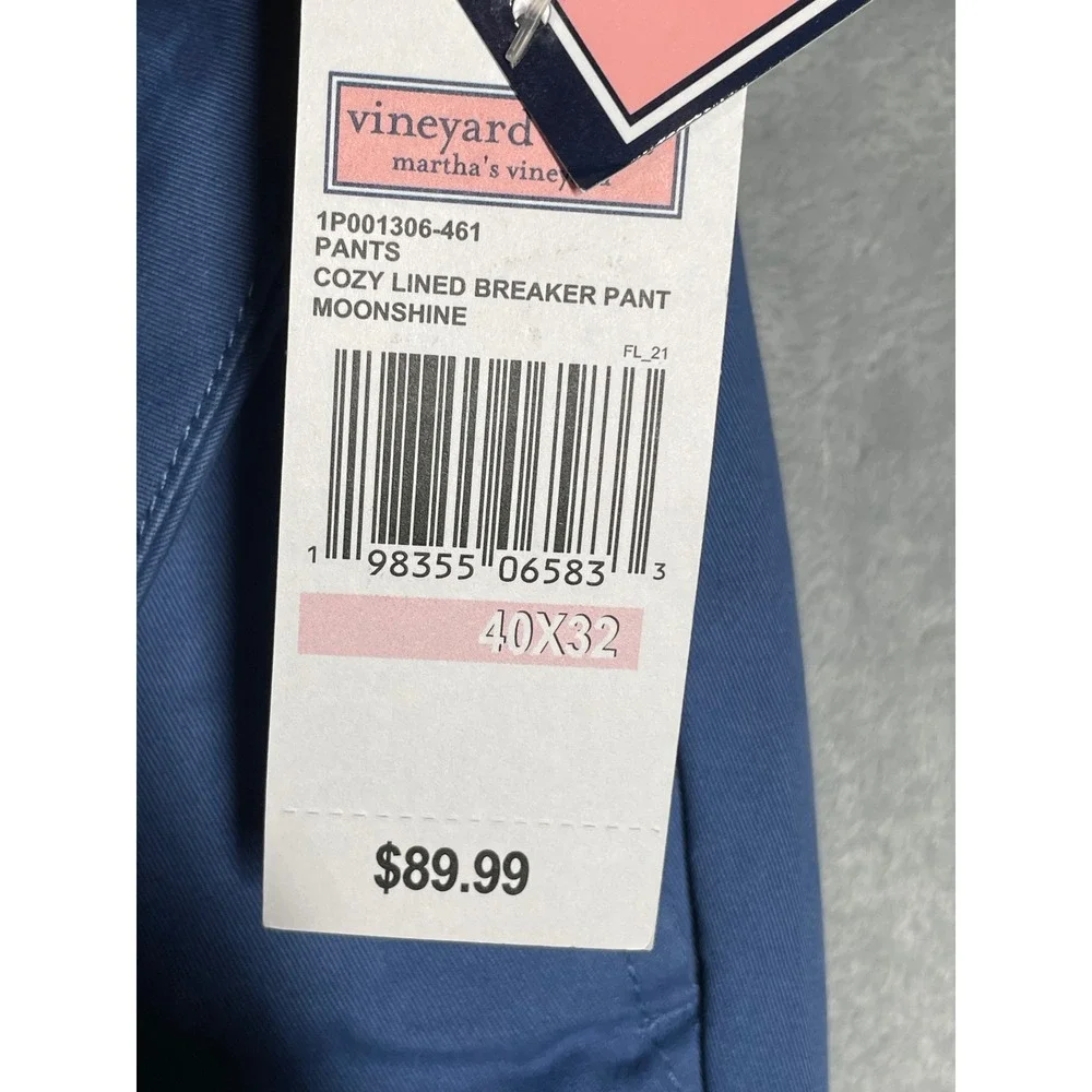 Vineyard Vines Mens 40x32 Cozy Lined Breaker Pant Moonshine Blue Flannel Chinos
